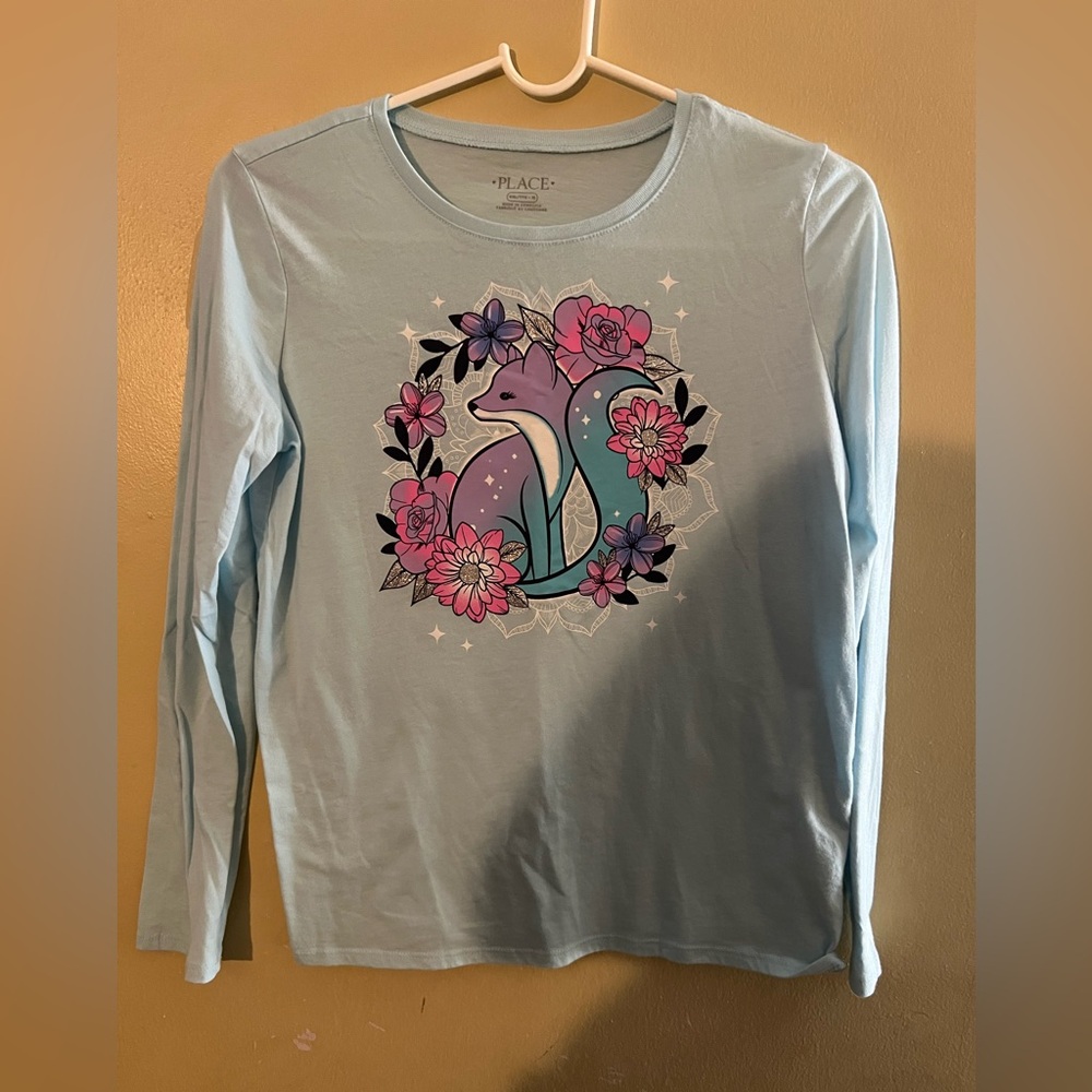 Place Light Blue Shirt with Fox and Floral Accents